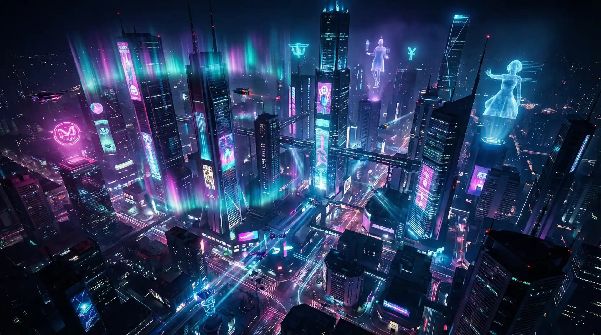 菠菜论坛 - 赛博朋克未来都市夜景极光渐变